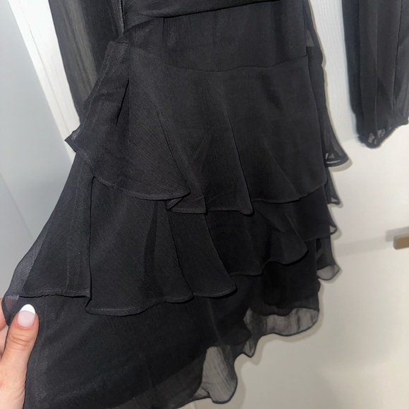 Express Dress | Long Sleeve Tie Waist Tiered Ruffle Mini Dress | Sheer | Small - Picture 7 of 8
